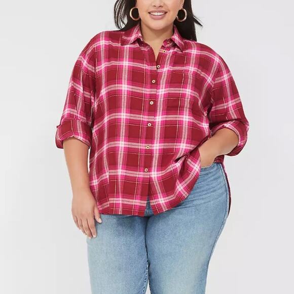 Lane Bryant Pink and Red Lurex Button-Down Plaid Flannel 22/24 - Picture 1 of 14
